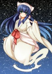 Rule 34 | 1girl, blue hair, blush, ghost, ghost tail, green eyes, highres, long hair, looking at viewer, minaha (playjoe2005), shikihime zoushi, smile, solo, very long hair