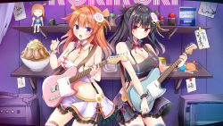 Rule 34 | 2girls, :d, bad id, bad pixiv id, bare arms, bare shoulders, black hair, black shirt, black skirt, blush, breasts, character doll, cleavage, closed mouth, commentary request, copyright request, crop top, detached collar, electric guitar, fender telecaster, frilled skirt, frills, guitar, hair ornament, hand up, highres, holding, holding instrument, indoors, instrument, large breasts, long hair, looking at viewer, masayo (gin no ame), midriff, miniskirt, multiple girls, navel, open mouth, orange hair, original, purple eyes, red eyes, roki (vocaloid), shelf, shirt, sidelocks, single-shoulder shirt, single strap, skirt, sleeveless, sleeveless shirt, smile, standing, stomach, suspenders, thighhighs, v-shaped eyebrows, virtual youtuber, vocaloid, white legwear, white shirt, white skirt, wrist cuffs, zettai ryouiki