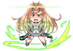 Rule 34 | 1girl, bare legs, bare shoulders, blonde hair, breasts, chest jewel, chibi, cleavage, cleavage cutout, clothing cutout, dress, earrings, elbow gloves, fukkatsu saisei kaijin, gloves, highres, jewelry, large breasts, long hair, mythra (xenoblade), short dress, solo, swept bangs, thigh strap, tiara, very long hair, white dress, white footwear, white gloves, xenoblade chronicles (series), xenoblade chronicles 2, yellow eyes