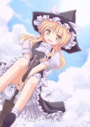 Rule 34 | 1girl, blonde hair, bloomers, broom, broom riding, cloud, day, female focus, flying, hat, highres, kirisame marisa, long hair, lzh, outdoors, ribbon, skirt, sky, smile, solo, touhou, underwear, witch, witch hat, yellow eyes