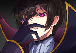 Rule 34 | 1boy, absurdres, black gloves, code geass, gloves, gradient background, grin, hand up, highres, lelouch vi britannia, long sleeves, looking at viewer, male focus, portrait, red eyes, relight, short hair, smile, solo, teeth