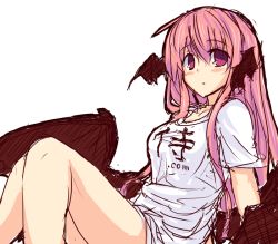 Rule 34 | 1girl, bare legs, bat wings, blush, bottomless, head wings, koakuma, long hair, looking at viewer, naked shirt, no pants, pandamonium, red eyes, red hair, shirt, simple background, sketch, solo, touhou, translation request, white background, wings