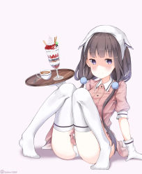 Rule 34 | 1girl, absurdres, bad id, bad pixiv id, blend s, brown hair, closed mouth, coffee, coffee cup, collared shirt, cup, disposable cup, full body, gloves, hair ornament, head scarf, highres, holding, holding tray, knees together feet apart, latte art, long hair, looking at viewer, low twintails, no shoes, panties, parfait, pink shirt, pink skirt, pleated skirt, puffy short sleeves, puffy sleeves, purple background, purple eyes, sakuranomiya maika, shaded face, shirt, short sleeves, simple background, sitting, skirt, sob (submar1089), solo, spoon, stile uniform, thighhighs, tray, twintails, twitter username, underwear, uniform, very long hair, waitress, white gloves, white panties, white thighhighs