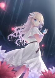 Rule 34 | 1girl, black sash, blonde hair, blue eyes, blurry, blurry foreground, dress, ender lilies quietus of the knights, feet out of frame, floating hair, flower, from behind, glowing, hair ornament, hand up, highres, holding, jewelry, lily (ender lilies), long hair, looking at viewer, looking back, night, outdoors, oyoyoyo, parted lips, pendant, red flower, sash, sky, solo, standing, star (sky), starry sky, wavy hair, white dress, white flower, wide sleeves