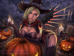 Rule 34 | 1girl, artist name, basket, blonde hair, blue eyes, bodice, breast hold, breasts, brown gloves, brown thighhighs, candle, candlestand, candy, cleavage, commentary, costume, dated, deviantart username, earrings, elbow gloves, english commentary, food, food-themed earrings, food themed earrings, gloves, glowing, graveyard, halloween, halloween bucket, halloween costume, hat, high collar, holding, holding basket, italian commentary, jack-o&#039;-lantern, jewelry, lantern, large breasts, leaning forward, light particles, lips, long hair, looking at viewer, mechanical wings, mercy (overwatch), mixed-language commentary, night, nose, nostrils, official alternate costume, overwatch, overwatch 1, paid reward available, parted lips, patreon username, pelvic curtain, pumpkin, pumpkin earrings, sciamano240, short hair, signature, silk, solo, spider web, teeth, thighhighs, tombstone, upper teeth only, watermark, web address, wings, witch, witch hat, witch mercy
