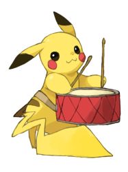Rule 34 | :3, black eyes, blank eyes, blush stickers, closed mouth, creatures (company), drum, drumsticks, full body, game freak, gen 1 pokemon, hands up, happy, holding, holding drumsticks, instrument, looking at viewer, nintendo, no humans, pikachu, pokemon, pokemon (creature), puddingx2, simple background, smile, solo, white background