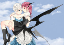Rule 34 | 2girls, apron, arms around neck, black footwear, black skirt, black socks, blue dress, blue eyes, blue sky, braid, breasts, carrying, cloud, commentary request, cowboy shot, day, demon wings, dress, frilled apron, frills, from side, head wings, izayoi sakuya, kneehighs, koakuma, long hair, looking at viewer, maid, maid apron, maid headdress, medium breasts, miniskirt, multiple girls, nagata nagato, outdoors, princess carry, profile, red eyes, red hair, shirt, shoes, short hair, short sleeves, silver hair, skirt, sky, smile, socks, standing, thighs, touhou, twin braids, waist apron, white apron, white shirt, wings, yuri
