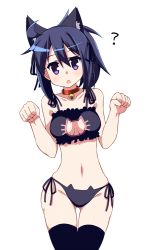 Rule 34 | 1girl, ?, animal ears, bell, black thighhighs, blue hair, blush, bra, breasts, cat cutout, cat ear panties, cat ears, cat lingerie, character request, cleavage, cleavage cutout, clothing cutout, collar, hoppege, jingle bell, looking at viewer, meme attire, nakahara-kun no kahogo na imouto, navel, neck bell, panties, paw pose, purple eyes, short hair, side-tie panties, solo, thighhighs, underwear, underwear only