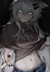 Rule 34 | 1girl, absurdres, animal ears, arknights, black nails, black shirt, blue eyes, cigarette, commentary, crop top, grey hair, grin, hair between eyes, hair ornament, hairclip, head tilt, highres, holding, holding cigarette, jewelry, lappland (arknights), long hair, looking at viewer, midriff, nail polish, navel, necklace, qingfeng canying, scar, scar across eye, shirt, smile, solo, stomach, upper body, very long hair, wolf ears