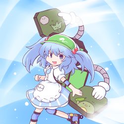 Rule 34 | 1girl, 216, :d, alternate costume, apron, blue background, blue eyes, blue footwear, blue hair, blue skirt, flat cap, green hat, hair bobbles, hair ornament, hat, kawashiro nitori, knee pads, looking at viewer, mechanical arms, open mouth, roller skates, short hair, short sleeves, skates, skirt, smile, solo, touhou, touhou lostword, two side up, v-shaped eyebrows, white apron