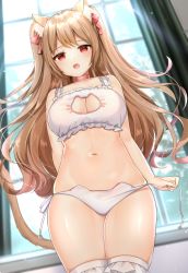 Rule 34 | 1girl, animal ear fluff, animal ears, bare arms, bare shoulders, blush, bow, bra, breasts, brown hair, cat cutout, cat ear panties, cat ears, cat girl, cat lingerie, cat tail, cleavage cutout, clothing cutout, commentary request, curtains, frilled bra, frills, hair bow, indoors, katsushika pachi, long hair, medium breasts, meme attire, navel, open mouth, original, panties, red bow, red eyes, side-tie panties, solo, standing, tail, thighhighs, two side up, underwear, underwear only, untied panties, very long hair, white bra, white panties, white thighhighs, window