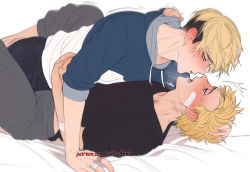 Rule 34 | 2boys, bandaged fingers, bandages, bandaid, bandaid on face, blonde hair, blush, crying, crying with eyes open, dry humping, hanagaki takemichi, hickey, humping, imminent kiss, male focus, matsuno chifuyu, multicolored hair, multiple boys, on bed, parted lips, pinned, riffraffhellyea, sweater, tears, tokyo revengers, undercut, white background, yaoi