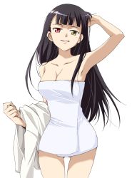 Rule 34 | 1girl, agahari, armpits, black hair, breasts, cleavage, heterochromia, highres, impossible towel, large breasts, naked towel, sakamoto mio, smile, solo, strike witches, towel, world witches series