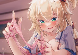 Rule 34 | 1girl, akai haato, akai haato (1st costume), blonde hair, blurry, blurry background, blush, breasts, cleavage, collarbone, commentary request, depth of field, green eyes, hair between eyes, hair ribbon, hands up, highres, hololive, indoors, large breasts, long hair, looking at viewer, magowasabi, nail polish, one side up, red nails, red ribbon, ribbon, shirt, short sleeves, signature, slime (substance), smile, solo, twitter username, upper body, virtual youtuber, white shirt