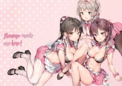 Rule 34 | 3girls, absurdres, anmi, bikini, black legwear, blush, bow, bowtie, breast press, breasts, brown eyes, brown hair, cleavage, detached collar, english text, hair bow, highres, huge filesize, light brown hair, long hair, looking at viewer, lying, maid, maid bikini, mary janes, medium breasts, midriff, mole, mole under mouth, multiple girls, navel, on stomach, original, pantyhose, pink background, pink skirt, ponytail, purple eyes, ribbon, scan, shoes, short hair, simple background, sitting, skirt, smile, swimsuit, unconventional maid