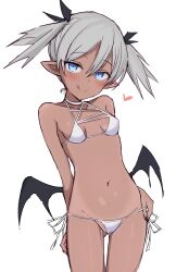 Rule 34 | 1girl, :q, bat wings, bikini, blue eyes, blush, breasts, cameltoe, cleft of venus, collarbone, commentary request, cowboy shot, dark-skinned female, dark skin, eyes visible through hair, gluteal fold, grey hair, groin, hair between eyes, hand on own hip, heart, highres, low wings, navel, nonono (mino), original, petite, pointy ears, short hair, side-tie bikini bottom, simple background, small breasts, smile, solo, stomach, string bikini, swimsuit, tongue, tongue out, twintails, white background, white bikini, wings