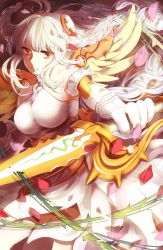 Rule 34 | 1girl, armor, armored dress, bare shoulders, bow, braid, dagger, dress, feathered wings, gauntlets, hair bow, hair ornament, halterneck, holding, holding weapon, illycia, knife, light valkyrie (p&amp;d), long hair, orange bow, orange eyes, petals, plant, puzzle &amp; dragons, single braid, smile, solo, spikes, thorns, twin braids, valkyrie, valkyrie (p&amp;d), very long hair, vines, weapon, white dress, white hair, wings