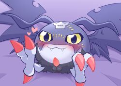 Rule 34 | bat wings, blush, claws, digimon, digimon (creature), driosawm, fangs, highres, lying, male focus, on back, picodevimon, skull, small penis, small testicles, stitches, testicles, wings, yellow eyes