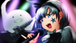 Rule 34 | 1girl, :d, absurdres, black bow, black bowtie, black hairband, black ribbon, blue eyes, blurry, blurry background, bow, bowtie, electric guitar, facial tattoo, guitar, hair ribbon, hairband, highres, hitodama, holding, holding microphone, instrument, konpaku youmu, konpaku youmu (ghost), microphone, open mouth, oregano (olgn eao), pinky out, portrait, ribbon, shirt, short hair, silver hair, smile, solo, star tattoo, tattoo, touhou, white shirt