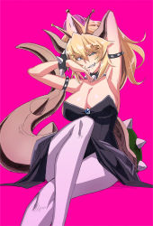Rule 34 | &gt;:), 1girl, arm up, armlet, armpits, bad id, bad pixiv id, bare shoulders, black dress, blonde hair, blue eyes, borrowed design, bowsette, bracelet, breasts, cleavage, collar, colored eyelashes, crossed legs, crown, dress, grin, horns, jewelry, knee up, large breasts, long hair, looking at viewer, mario (series), miyagoe yoshitsuki, new super mario bros. u deluxe, nintendo, pantyhose, pink background, ponytail, purple pantyhose, shell, simple background, sitting, smile, spiked armlet, spiked bracelet, spiked collar, spikes, super crown, tail, teeth, thick eyebrows