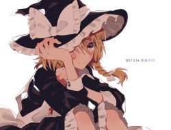 Rule 34 | 1girl, apron, backlighting, bad id, bad twitter id, blonde hair, blush, braid, buttons, dated, frilled skirt, frills, hat, hosomitimiti, kirisame marisa, looking at viewer, number pun, one eye covered, simple background, single braid, skirt, sparkling eyes, sweatdrop, touhou, witch hat, yellow eyes