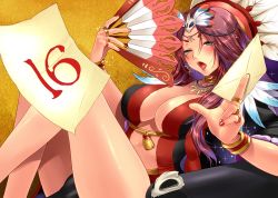 Rule 34 | 108 gou, 10s, 1girl, bare legs, blush, bracelet, breasts, center opening, cleavage, hand fan, folding fan, from side, green eyes, hair ornament, holding fan, jewelry, knees up, large breasts, letter, lipstick, long hair, looking at viewer, lukkage (suisei no gargantia), makeup, nail polish, necklace, open mouth, paper, purple hair, red lips, red nails, ring, sitting, solo, stomach, suisei no gargantia