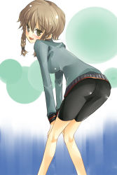Rule 34 | 1girl, amane suzuha, ass, bike shorts, blush, braid, brown eyes, brown hair, from behind, hands on own knees, jacket, looking back, open mouth, short hair with long locks, side braid, solo, standing, steins;gate, tilm, track jacket, twin braids