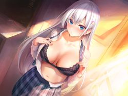 Rule 34 | 1girl, absurdres, black bra, blue eyes, blue necktie, blush, bra, breasts, classroom, cleavage, closed mouth, collarbone, collared shirt, dutch angle, grey hair, hair between eyes, hair ornament, hairclip, highres, indoors, large breasts, long hair, looking at viewer, maeshimashi, navel, necktie, open clothes, open shirt, original, plaid, plaid skirt, school uniform, shirt, shirt tucked in, sidelocks, skirt, solo, stomach, underwear, undone necktie, white shirt