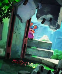 Rule 34 | abandoned, bandana, bandana waddle dee, building, bush, city, concrete, day, elfilin, flower, grass, highres, kirby, kirby (series), kirby and the forgotten land, leaf, looking to the side, nintendo, open mouth, outdoors, rock, scenery, sky, solo, suyasuyabi