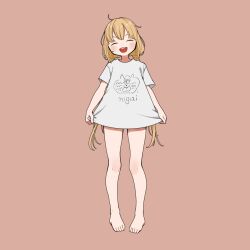 Rule 34 | 1girl, bare legs, barefoot, blonde hair, blush, brown background, cat, closed eyes, clothes writing, facing viewer, full body, futaba anzu, highres, idolmaster, idolmaster cinderella girls, long hair, long shirt, low twintails, open mouth, shirt, short sleeves, simple background, sks (s3 rosquilla), smile, solo, straight-on, t-shirt, teeth, toes, twintails, upper teeth only, very long hair, white shirt