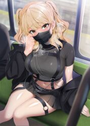 Rule 34 | 1girl, absurdres, black jacket, black mask, black panties, black shirt, black skirt, blonde hair, breasts, breath, brown eyes, chain, chest harness, commission, crop top, cropped shirt, gegegeteikoku, harness, highres, jacket, large breasts, leather belt, long hair, looking at viewer, mask, miniskirt, mouth mask, navel, nijisanji, o-ring, o-ring thigh strap, official alternate costume, official alternate hairstyle, open clothes, open jacket, panties, pleated skirt, shirt, short sleeves, silver choker, sister claire, sister claire (9th costume), sitting, skeb commission, skirt, solo focus, thigh strap, thighs, train interior, two side up, underwear, virtual youtuber, window