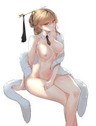 Rule 34 | 1girl, absurdres, backlighting, blonde hair, breasts, bright pupils, closed mouth, commission, crossed legs, detached collar, dungeon and fighter, hair between eyes, hair bun, hair ornament, highres, medium breasts, navel, necktie, nipples, nude, red eyes, second-party source, short hair, short necktie, single hair bun, sitting, skulllee, smile, solo, transparent background, white pupils