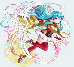 Rule 34 | 1girl, absurdres, aqua hair, armor, boots, breastplate, cape, unworn earring, eirika (fire emblem), fighting stance, fingerless gloves, fire emblem, fire emblem: the sacred stones, gloves, highres, holding, holding sword, holding weapon, huge filesize, long hair, nintendo, rapier, red gloves, red thighhighs, sarukaiwolf, short sleeves, signature, simple background, skirt, solo, sword, thigh boots, thighhighs, weapon, white skirt, zettai ryouiki