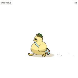 Rule 34 | bag, bird, bottle cap, diva (hyxpk), duck, duckling, english text, frog headband, hat, highres, no humans, numbered, original, simple background, sticker, tearing up, walking, white background