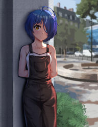 Rule 34 | 1girl, absurdres, ahoge, arms behind back, blue hair, blurry, blurry background, breasts, building, chinese commentary, collarbone, darksnake3, day, hair over one eye, highres, huge filesize, looking at viewer, ooto ai, outdoors, overalls, sleeveless, small breasts, solo, standing, tank top, wonder egg priority, yellow eyes