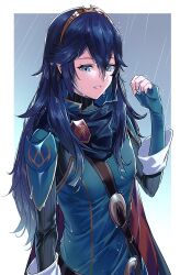 Rule 34 | 1girl, ameno (a meno0), armor, belt, black sweater, blue cape, blue eyes, blue gloves, blue hair, brown belt, cape, elbow gloves, fingerless gloves, fire emblem, fire emblem awakening, gloves, hair between eyes, long hair, long sleeves, looking at viewer, lucina (fire emblem), nintendo, pauldrons, rain, red cape, ribbed sweater, shoulder armor, solo, sweater, tiara, turtleneck, turtleneck sweater, two-tone cape, wet