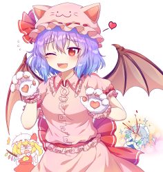 Rule 34 | 3girls, ;d, ^^^, absurdres, animal ears, animal hands, ascot, bat wings, blonde hair, blood, blue dress, blue hair, blush, bow, braid, breasts, bright pupils, cat ears, chibi, cowboy shot, crystal, dress, fang, flandre scarlet, flying sweatdrops, gloves, green bow, hair between eyes, hands on own chest, hat, hat with ears, heart, highres, izayoi sakuya, kaoling, maid headdress, medium breasts, mob cap, multiple girls, nosebleed, one eye closed, one side up, open mouth, paw gloves, pink dress, pink headwear, red bow, red eyes, red skirt, red vest, remilia scarlet, shaded face, short sleeves, side braids, silver hair, simple background, skirt, smile, solo focus, sparkle, touhou, twin braids, vest, white background, white headwear, wings