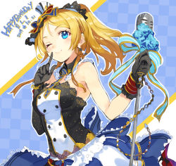 Rule 34 | 10s, 1girl, 2014, ;), asymmetric gloves, asymmetrical gloves, ayase eli, black gloves, blonde hair, blue eyes, blush, bow, cafe maid (love live!), character name, dated, detached collar, elbow gloves, english text, gloves, happy birthday, hat, idol, long hair, looking at viewer, love live!, love live! school idol festival, love live! school idol project, microphone, microphone stand, mismatched gloves, musical note, necktie, one eye closed, ponytail, ribbon, scrunchie, shirabi, single elbow glove, smile, solo, striped bow, striped ribbon, treble clef, uneven gloves