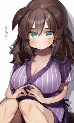 Rule 34 | 1girl, alternate costume, alternate hairstyle, animal ears, aqua eyes, blush, breasts, brown hair, cleavage, ears down, fox shadow puppet, hair down, highres, horse ears, horse girl, inari one (umamusume), japanese clothes, kimono, large breasts, own hands together, pout, purple kimono, sitting, solo, tamukoro, umamusume