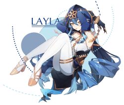 Rule 34 | 1girl, armpits, arms up, black gloves, black skirt, blue hair, blue hood, character name, claw ring, detached sleeves, dress, drill hair, floating, genshin impact, gloves, highres, hood, hood up, layla (genshin impact), littlefishsoul, long hair, orange eyes, pantyhose, simple background, skirt, solo, twin drills, white background, white dress, white pantyhose