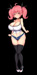 Rule 34 | 1girl, absurdres, ahoge, arms at sides, black background, black thighhighs, blue shorts, blush, breasts, camisole, choker, cleavage, closed mouth, collarbone, commentary request, denim, denim shorts, full body, hair between eyes, heart, heart choker, highleg, highleg panties, highleg shorts, highres, huge breasts, long hair, looking at viewer, micro shorts, midriff, navel, open fly, oppai loli, original, panties, pink hair, seductive smile, shake (yawarakataiyo), short shorts, shorts, side-tie panties, simple background, skindentation, smile, solo, standing, stomach, string panties, thighhighs, twintails, underwear, wide hips
