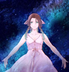 Rule 34 | 1girl, aerith gainsborough, bare arms, breasts, brown hair, chiru (sanifani), curly hair, dress, final fantasy, final fantasy vii, final fantasy vii remake, green eyes, hair ribbon, jacket, unworn jacket, long dress, medium breasts, milky way, outstretched arms, parted bangs, parted lips, pink dress, ponytail, ribbon, sidelocks, sky, solo, star (sky), starry sky, upper body