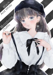 Rule 34 | 1girl, absurdres, artist name, beret, black bow, black bowtie, black hat, black nails, black ribbon, black skirt, blush, bow, bowtie, buckle, buttons, closed mouth, collared shirt, commentary, cross-laced clothes, cross-laced skirt, ear chain, ear piercing, earrings, english text, fingernails, frilled shirt collar, frills, grey eyes, grey hair, hand on own chest, hat, head tilt, high-waist skirt, highres, jewelry, long hair, long sleeves, looking at viewer, nail polish, neck ribbon, original, outline, piercing, ribbon, shirt, shirt tucked in, skirt, solo, striped, striped background, suspender skirt, suspenders, suspenders pull, two-tone nails, upper body, wasabi co, watercolor effect, white nails, white outline, white shirt