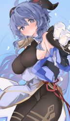 Rule 34 | 1girl, ahoge, bare shoulders, bell, blue background, blue eyes, blue hair, blush, bodice, bodysuit, bodysuit under clothes, breasts, brown leotard, closed mouth, commentary, covered erect nipples, cowbell, cowboy shot, cup, flying sweatdrops, ganyu (genshin impact), genshin impact, glass, goat horns, gradient eyes, highres, holding, holding plate, horns, leotard, long hair, looking at viewer, low ponytail, medium breasts, mikozin, milk, multicolored eyes, neck bell, pelvic curtain, plate, purple eyes, simple background, solo, sweat, symbol-only commentary, thighlet