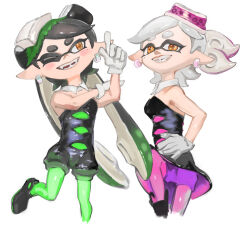 Rule 34 | 2girls, ;d, bare shoulders, black dress, black footwear, black hair, black jumpsuit, callie (splatoon), color switch, cousins, cross-shaped pupils, detached collar, dress, earrings, fangs, food, food on head, ga4me4, gloves, gradient hair, green hair, green pantyhose, grey hair, grin, inkling, jewelry, jumpsuit, leg up, long hair, marie (splatoon), mole, mole under eye, multicolored hair, multiple girls, nintendo, object on head, one eye closed, open mouth, orange eyes, pantyhose, pink hair, pink pantyhose, pointy ears, purple shorts, short hair, short jumpsuit, shorts, shorts under dress, simple background, smile, splatoon (series), splatoon 1, strapless, strapless dress, symbol-shaped pupils, teeth, tentacle hair, two-tone hair, white background, white gloves