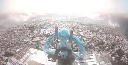 Rule 34 | 1girl, absurdres, blue hair, building, city, cityscape, from above, from behind, hatsune miku, highres, houtei9, scenery, sitting, tower, twintails, vocaloid