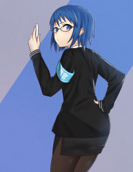 Rule 34 | 1girl, absurdres, armband, black-framed eyewear, black jacket, black skirt, blue eyes, blue hair, brown pantyhose, chalk, ciel (tsukihime), closed mouth, commentary request, from behind, glasses, hand on own hip, highres, holding, holding chalk, jacket, long sleeves, looking at viewer, miniskirt, official alternate costume, oyasuminasai31, pantyhose, short hair, skirt, solo, teacher, tsukihime, tsukihime (remake)