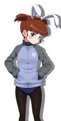 Rule 34 | 10s, 1girl, animal ears, black pantyhose, blue leotard, blunt bangs, blush, closed mouth, cowboy shot, fake animal ears, frown, girls und panzer, hair tie, hands in pockets, head tilt, jacket, kayabakoro, leotard, leotard under clothes, long sleeves, looking at viewer, mikko (girls und panzer), military, military uniform, pants, pants rolled up, pants under skirt, pantyhose, playboy bunny, rabbit ears, red eyes, red hair, shadow, short hair, short twintails, simple background, skirt, solo, standing, track jacket, twintails, uniform, v-shaped eyebrows, white background