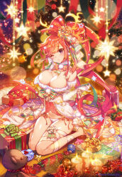 Rule 34 | 1girl, age of ishtaria, blush, bow, box, breasts, christmas, christmas ornaments, christmas tree, cleavage, detached sleeves, dress, full body, gift, gift box, gloves, hair bow, hair ornament, head tilt, highres, large breasts, long hair, looking at viewer, munlu (wolupus), official art, one eye closed, panties, ponytail, purple eyes, red bow, red hair, sitting, solo, sparkle, star (symbol), stollen (age of ishtaria), stuffed animal, stuffed toy, teddy bear, underwear, white gloves, white panties
