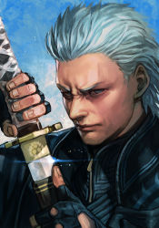 Rule 34 | 1boy, black gloves, black jacket, blue eyes, capcom, closed mouth, devil may cry (series), devil may cry 5, face, fingerless gloves, gloves, holding, holding sword, holding weapon, hungry clicker, jacket, katana, looking at viewer, male focus, sheath, simple background, solo, spoilers, sword, unsheathing, vergil (devil may cry), weapon, white hair, zipper